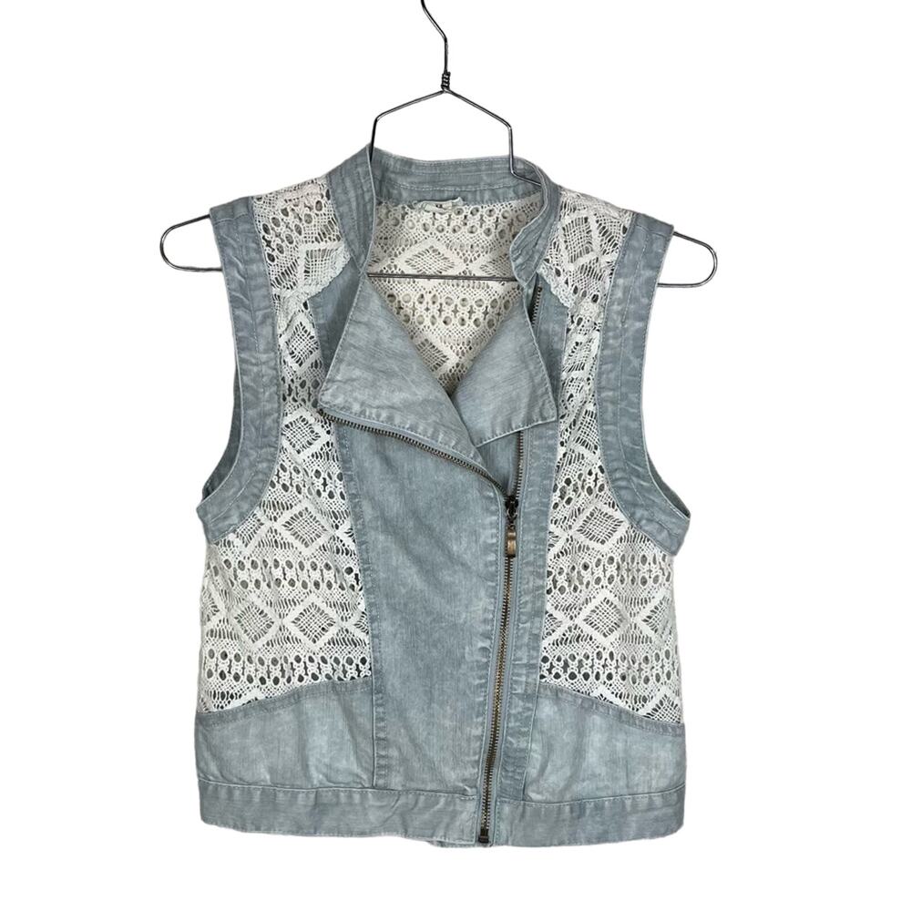 LOVE RICHIE | Denim‎ Crocheted Lace Zip Up Women's Vest Blue White XS
